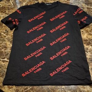 Balenciaga Black Tee with Red Logo Pattern